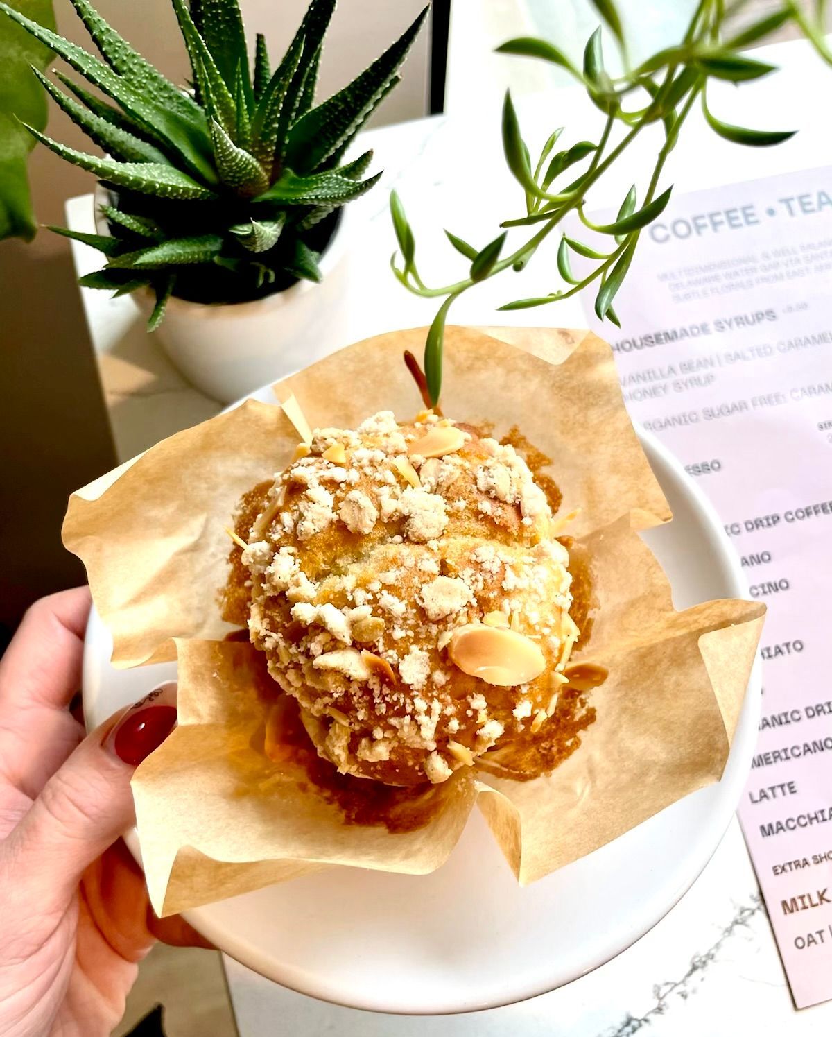 A fresh muffin held in parchment