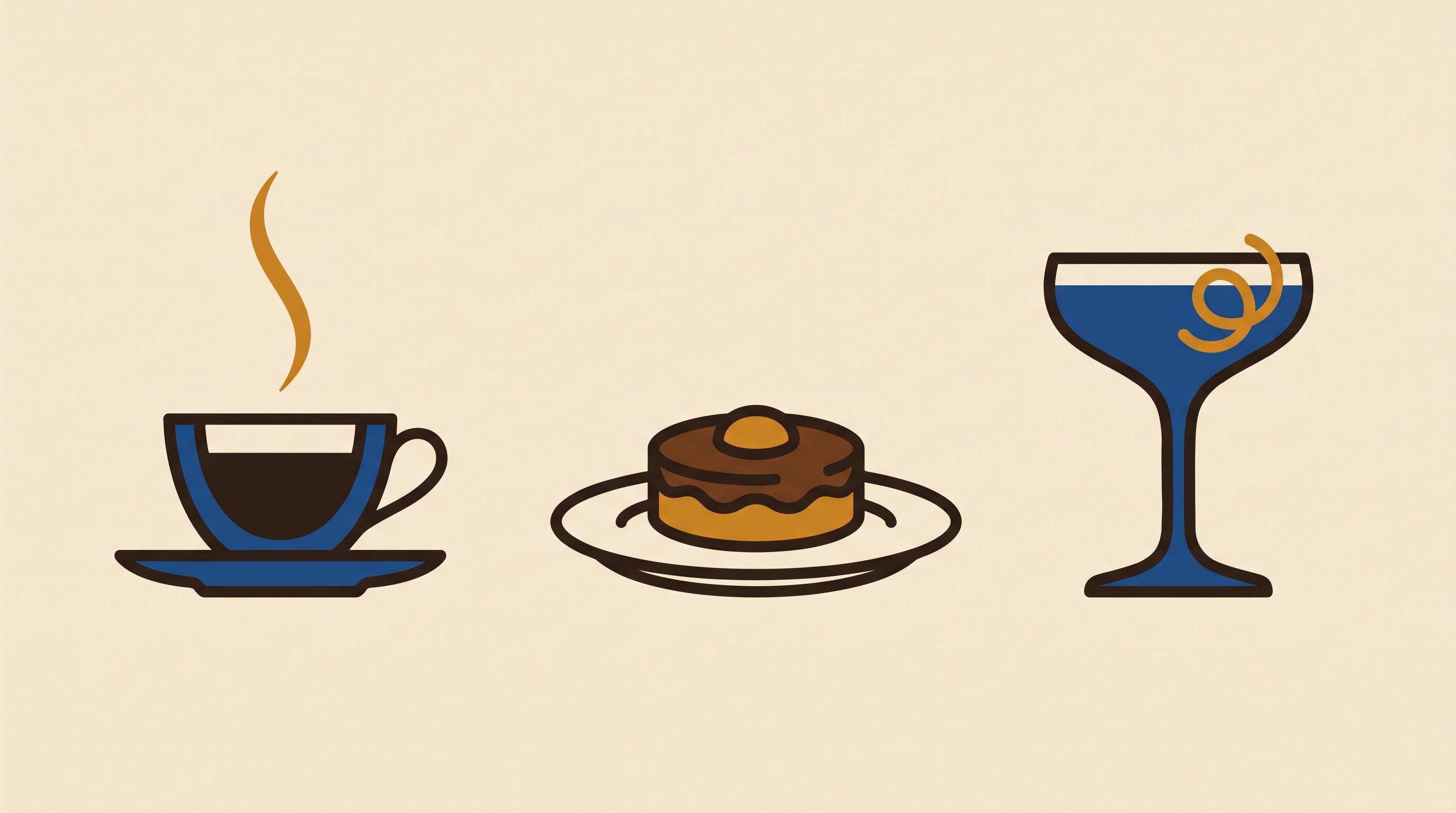 Flat illustration of a coffee cup, a pastry, and a cocktail coupe, reading left to right from morning to afternoon